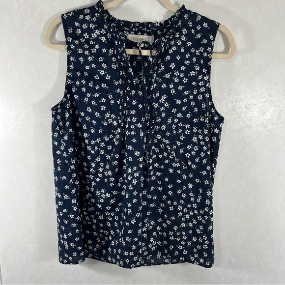 LOFT Blue Sleeveless Blouse with White Floral Design v-Neck with Tie Tank Top - Picture 1 of 6